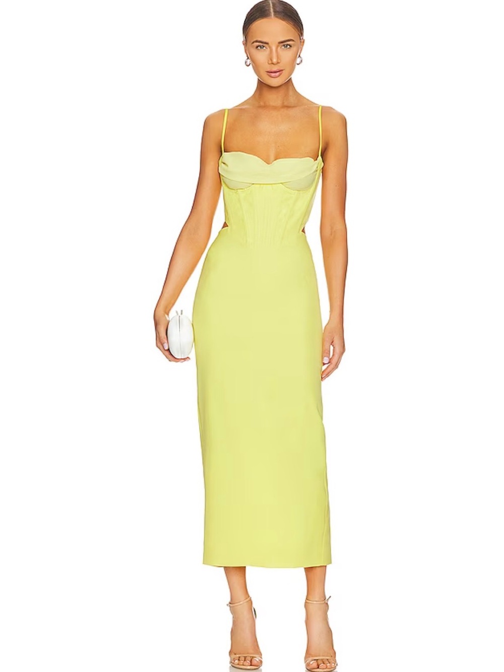 Bardot Yellow Strapless Cowl Neck Midi Dress